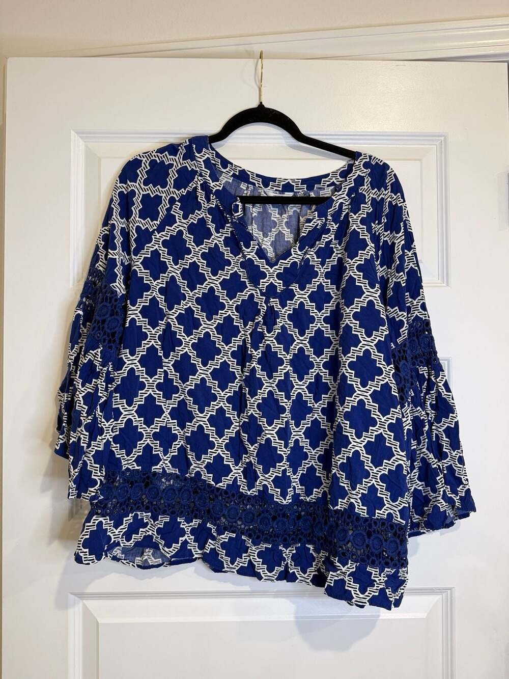 XL Crown & Ivy Royal Blue Geometric Print Bell Sleeve Top with Crochet Detail